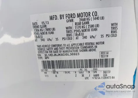 2013 Lincoln Mkx z USA, uszkodzony, nr VIN 2LMDJ6JK8DBL36923